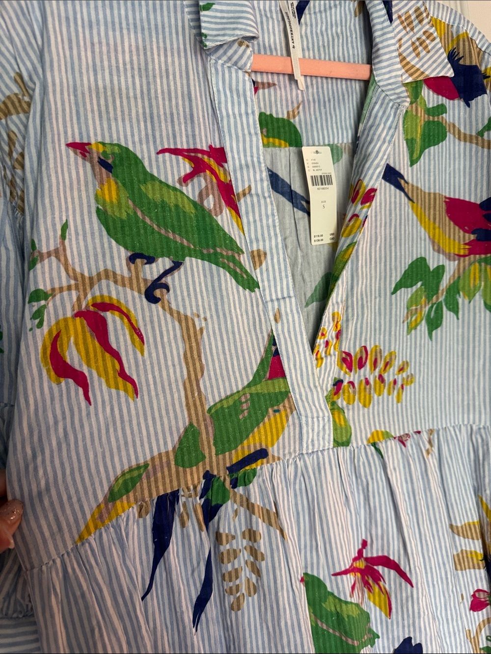 Anthropologie Light Blue Striped Maxi Dress with Colorful Parrot Print - Picture 2 of 5